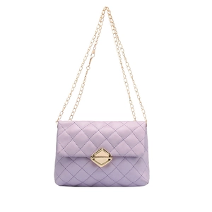 Lavender quilted leather crossbody bag with golden chain strap and diamond lock