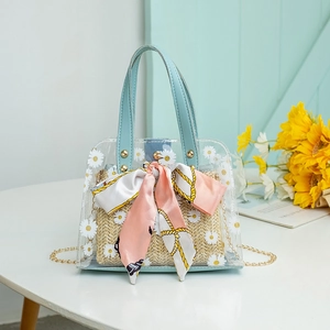 Daisy Transparent PVC Tote Bag With Straw Inner Pouch Satin Scarf Bow Metal Chain Strap Summer Beach Women Bag