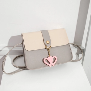 Beige and grey color-block PU leather shoulder bag with pink double heart pendant