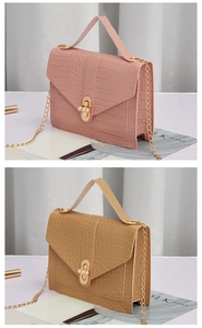 Detail of crocodile texture bags featuring pearl metal locks and chain straps