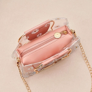 Daisy print transparent PVC jelly crossbody bag with pink inner pouch and gold chain