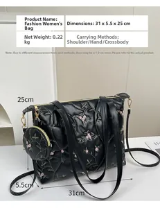 Detail view of black quilted tote bag with floral embroidery and size specifications