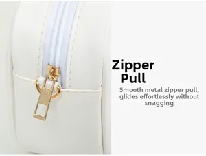 Detail of premium gold zipper hardware and litchi texture on white crossbody camera bag