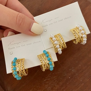 Boucles Doreilles Créoles Rétro Françaises Cuivre Plaqué Or Avec Faux Künstliche Perles Turquoise Et Tige En Argent Sterling 925