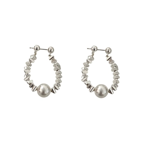 Elegant silver irregular metal beads and large grey pearl earrings for women