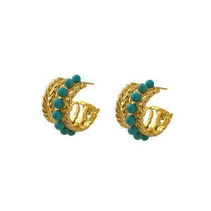 Boucles d'oreilles créoles dorées vintage avec perles de turquoise pour femme
