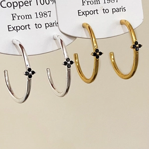 C-Shaped Hoop Earrings With Black Zircon Flower Four Leaf Clover Copper Elegant Minimalist Fashion Accessories For Women