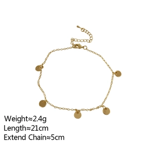 Elegant gold-plated minimalist leg chain with five polished round discs on a link chain