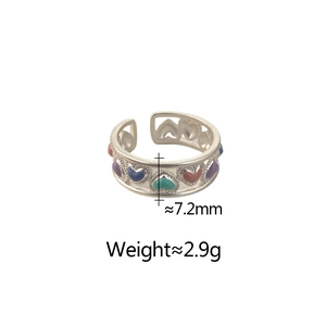 Detail view of 7.2mm wide silver open ring with multi-colored enamel hearts and dimensions