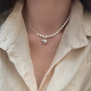 Collier De Perles D'eau Douce Baroque Pendentif Cœur En Cuivre Chaîne Métallique Asymétrique Ras De Cou Vintage
