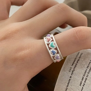Minimalist adjustable heart ring with colorful enamel inlay on S925 silver matte bands