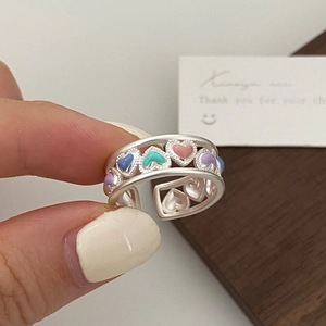 Adjustable silver heart ring with colorful enamel drip oil and hollow double-rail design
