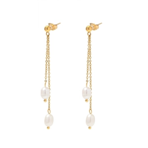 Boucles d'oreilles pendantes dorées avec longs pompons et perles d'eau douce blanches