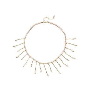 Elegant pearl tassel necklace with gold chains and adjustable links on white background