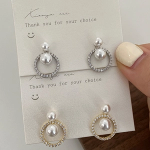 French vintage pearl and zircon geometric stud earrings in gold and silver finish