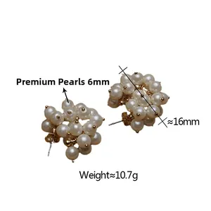 Detailed close-up of clusters of 6mm white pearls on elegant stud earrings for women