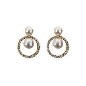 French vintage pearl drop earrings with 18K gold-plated geometric pave zircon rings