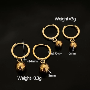 Comparison of 6mm and 8mm gold ball drop hoop earrings with dimensions and weight
