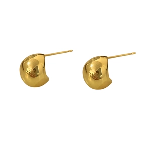 Minimalist golden bean stud earrings with polished mirror finish on white background