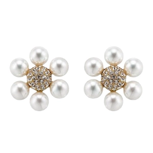 French style floral pearl stud earrings with crystal center on a clean white background