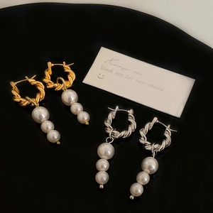 Elegant Twisted Hoop Earrings With Graduated Faux Artificial Pearls Dangle Drop Retro Fashion Jewelry For Women
