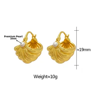 Detailed view of gold shell earrings with 3mm high-luster pearl dimensions and weight info