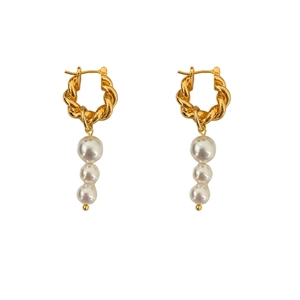 Elegant gold twisted hoop earrings with triple pearl pendants on a clean white background