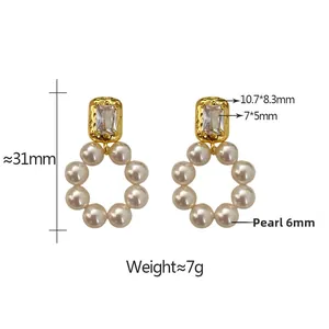 Detailed view of pearl hoop earrings with zircon rectangle stud and size measurements