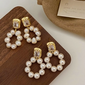 Freshwater Pearl Zircon Dangle Earrings Gold Plated Alloy Elegant French Vintage Hoop Jewelry For Women