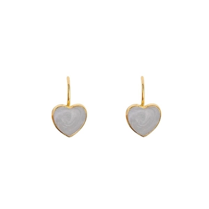 Elegant gold heart earrings with white marble texture pendants on white background