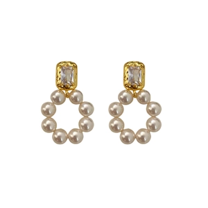 Elegant gold freshwater pearl hoop earrings with rectangular zircon stud for women