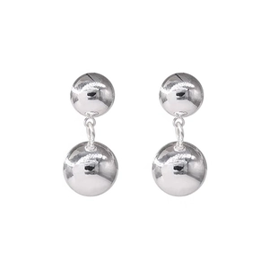 Minimalist silver ball drop earrings with high-polish mirror finish on white background