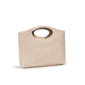 Chic off-white woven handbag with oval gold metal handle for summer vacation style