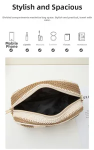 Detail view of woven straw shoulder bag showing interior lining and capacity storage