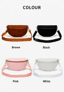 Detail view of corduroy half-moon waist bags in brown, black, pink, and white options
