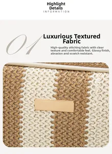 Detail of premium beige woven straw texture with a polished gold rectangular metal plate