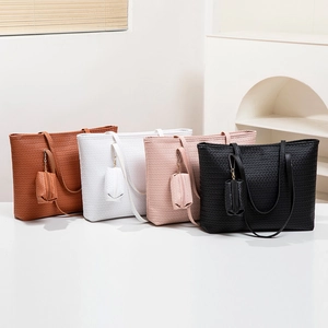 Women Woven PU Leather Large Tote Bag With Matching Small Zipper Pouch Daily Commute Casual Travel Fashion Handbag