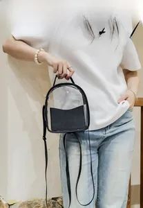 Detail of transparent mini backpack with black trim and adjustable straps worn by a model