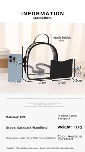 Detailed dimensions of transparent PVC backpack with inner pouch and size comparison