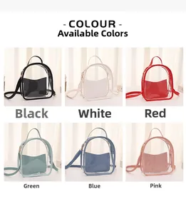 Detail showing various colors of transparent PVC mini backpacks with inner liner bags