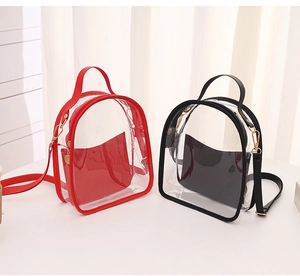 Detail view of transparent PVC backpack with leather trim and matching interior pouches