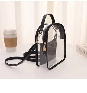 Detail of transparent PVC backpack featuring black leather trim and golden metal hardware
