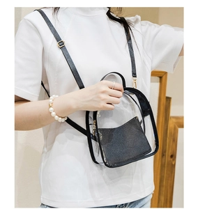Detail of transparent PVC mini backpack with black leather trim and inner pouch