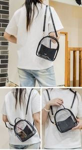 Detailed views of transparent PVC backpack with black leather trim and inner pouch