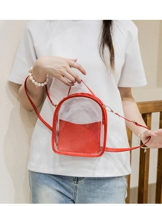 Close-up of a mini transparent PVC backpack with red leather trim and golden hardware