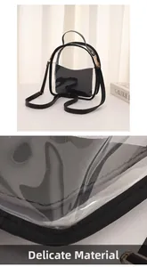 Detail shot of clear PVC backpack with black leather trim and fine stitching craftsmanship