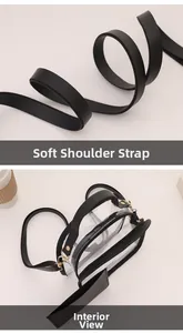 Detail of soft leather shoulder strap and clear PVC interior view with golden zippers