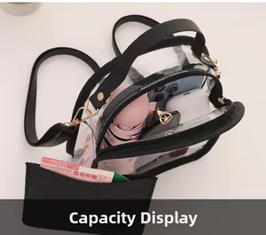 Capacity display of clear PVC crossbody bag showing phone, umbrella and accessories
