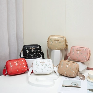 Women Floral Embroidery Crossbody Bag PU Leather Small Square Camera Bag Wide Adjustable Strap Fashion Daily Casual