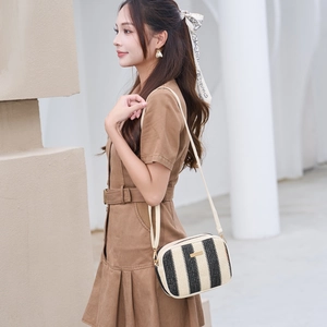 Summer woven straw camera bag with black and white vertical stripes and thin shoulder strap